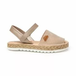 Abarcas Menorquinas Niña Piel Napa Y Glitter Plantilla Acolchada Velcro 222 Taupe, De Angelitos