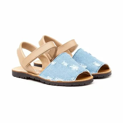 Abarcas Menorquinas Niña Tela Vaquera Y Piel Velcro 212 Camel, De Angelitos 2 Abarcas Menorquinas Niña Tela Vaquera Y Piel Velcro 212 Camel, De Angelitos - Imagen 2