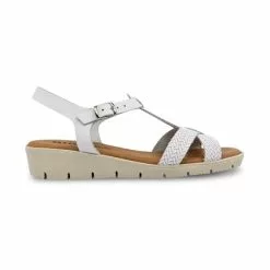 Sandalias Cuña Baja Mujer Piel Grabada Plantilla Acolchada Hebilla 22100 Blanco, De Blusandal