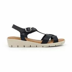 Sandalias Cuña Baja Mujer Piel Grabada Plantilla Acolchada Hebilla 22100 Negro, De Blusandal