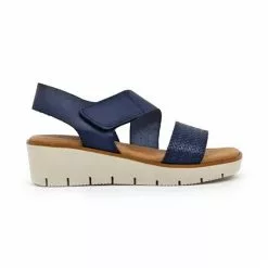 Sandalias Cuña Baja Mujer Piel Grabada Plantilla Acolchada Velcro 22725 Marino, De Blusandal