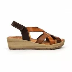 Sandalias Cuña Baja Mujer Piel Velcro Plantilla Acolchada 3104 Cuero, De Blusandal
