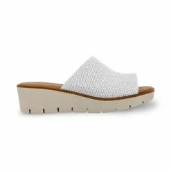 Zuecos Cuña Baja Mujer Piel Grabada Punta Abierta Plantilla Acolchada 22802 Blanco, De Blusandal